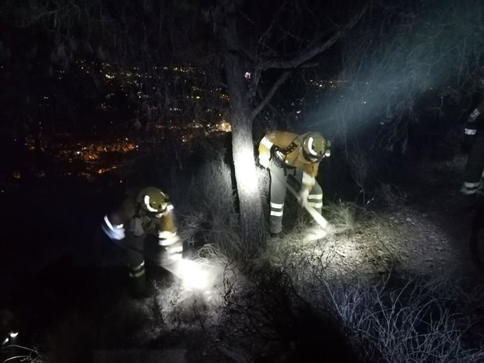 Los Bomberos, realizando tareas de extinción en el incendio declarado cerca de la Fuensanta