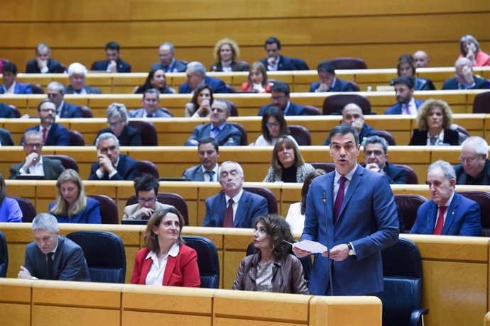 El presidente del Gobierno, Pedro Sánchez, durante una sesión de control al Gobierno, en el Senado, a 12 de marzo de 2024, en Madrid (España). El presidente del Gobierno comparece por primera vez esta legislatura en la sesión de control del Senado donde