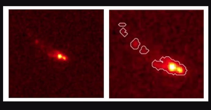 Gz9p3, la galaxia fusionada más brillante conocida en los primeros 500 millones de años del Universo.  Los contornos del perfil de luz revelan una estructura grumosa alargada producida por la fusión de galaxias.