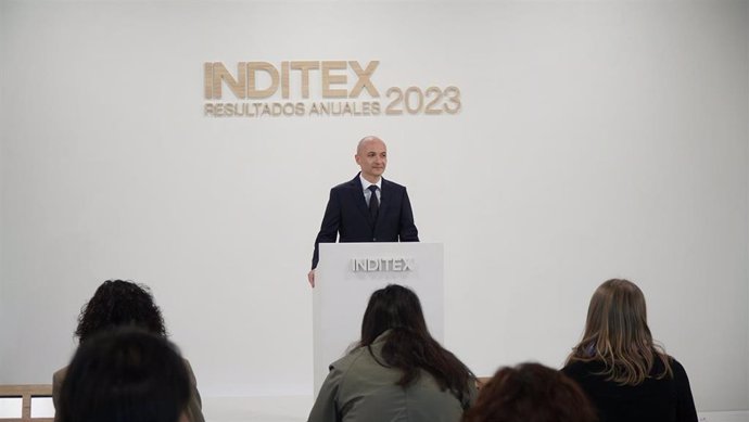 El consejero delegado de Inditex, Óscar García Maceiras, durante la presentación de los resultados del ejercicio 2023 de Inditex,  a 13 de marzo de 2024, en Pontevedra, Galicia (España).