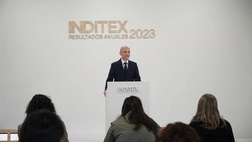 El consejero delegado de Inditex, Óscar García Maceiras, durante la presentación de los resultados del ejercicio 2023 de Inditex, a 13 de marzo de 2024, en Pontevedra, Galicia (España).