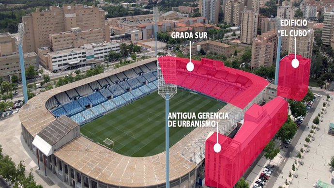 Imagen de los primeros espacios --"El Cubo", antigua Genrecia de Urbanismo y el gol sur de la Romareda-- que se derribarán para hacer el nuevo estadio