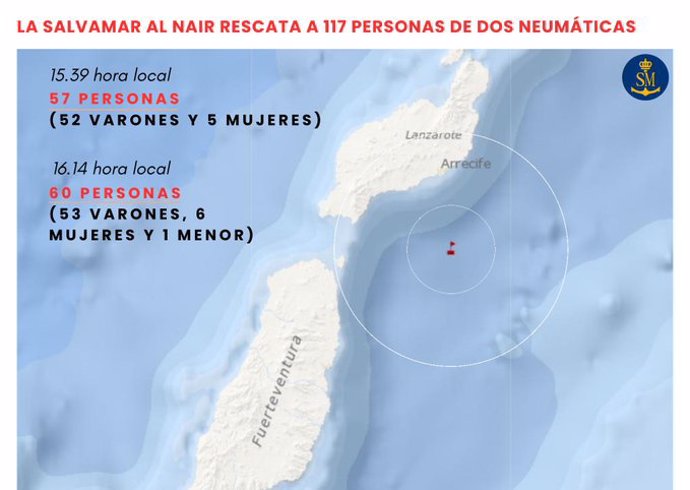 Localización del lugar donde fueron interceptadas las dos embarcaciones neumáticas con 117 personas a bordo