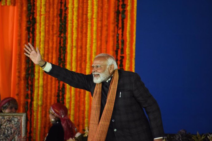 March 07, 2024, Srinagar, India : Indian Prime Minister, Narendra Modi, speaks during the announcement  of the 9 Proyects of Ministry of Tourism under Swadesh Darshan and Prashad Scheme during his working visit at the Bakshi Stadium. This is Modi's first 
