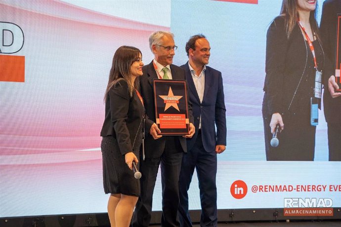 El responsable de proyectos especiales de Iberdrola, Alexander Arias, recoge el Premio Renmad 2024 como mejor promotor de almaceniamiento de energía.