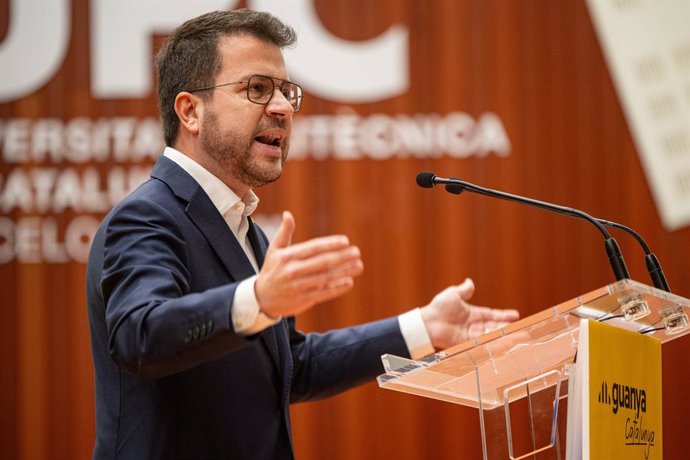 El president de la Generalitat de Catalunya, Pere Aragonès, intervé durant l'acte 'Guanya Catalunya', a la Universitat Politècnica de Catalunya (UPC), a 16 de març del 2024, a Barcelona