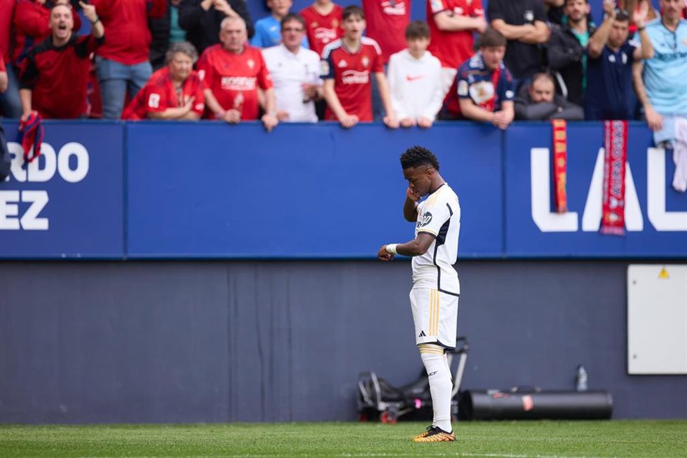 Vinicius Junior 'Vini Jr' of Real Madrid CF celebrates after scoring the team's first goal during the LaLiga EA Sports match between CA Osasuna and Real Madrid CF at San Mames on March 16, 2024, in Pamplona, Spain.