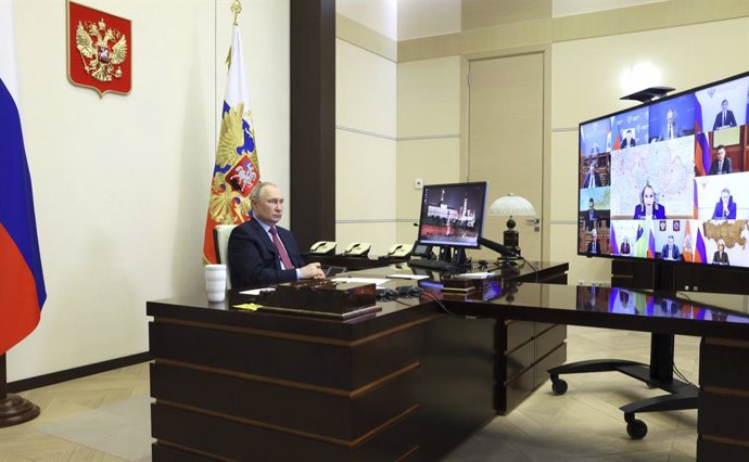 March 14, 2024, Novo-Ogaryovo, Moscow Oblast, Russia: Russian President Vladimir Putin chairs a video conference with government members from the official presidential residence, March 14, 2024 in Novo-Ogaryovo, Russia.