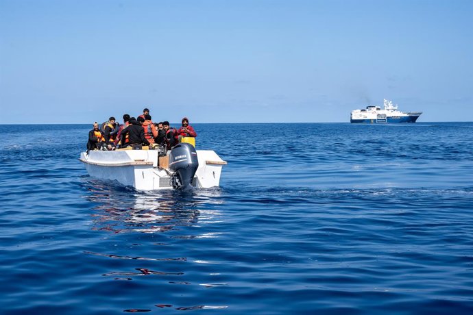 March 16, 2024, Libyan Sar Zone, Libya: The MSF Geo Barents and a fiber glass boat full of migrants intercepted in Libyan SAR zone. March 16, 2024, MSF vessel Geo Barents intercepted two small boats full of migrants navigating towards Europe in the Libyan