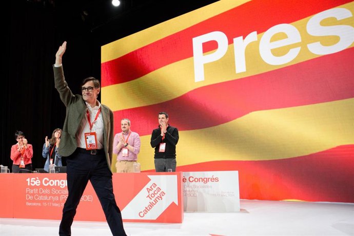 El primer secretario del PSC, Salvador Illa, durante la segunda jornada del XV Congreso del PSC, en el Palau de Congressos de Catalunya, a 16 de marzo de 2024, en Barcelona, Catalunya (España). El PSC continúa su 15 Congreso, en el que se ratifica a Sa