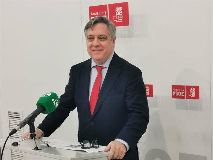 El concejal y portavoz del PSOE en el Ayuntamiento de Cádiz, Óscar Torres, en rueda de prensa.