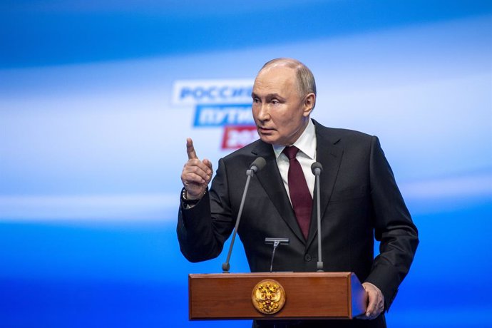 MOSCOW, March 18, 2024  -- Vladimir Putin meets the press at his campaign headquarters in Moscow, Russia, March 18, 2024. Russia's incumbent President Vladimir Putin gained 87.32 percent of votes in the presidential election with 95.04 percent of ballots 