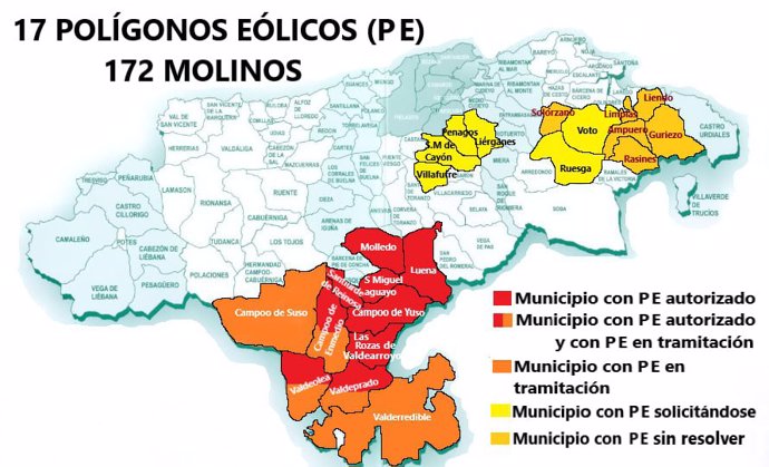 Mapa de poligonos eólicos en Cantabria