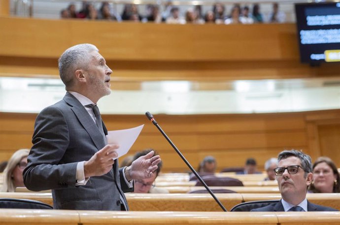El ministro de Interior, Fernando Grande-Marlaska, interviene durante una sesión de control al Gobierno, en el Senado, a 5 de marzo de 2024, en Madrid (España). 