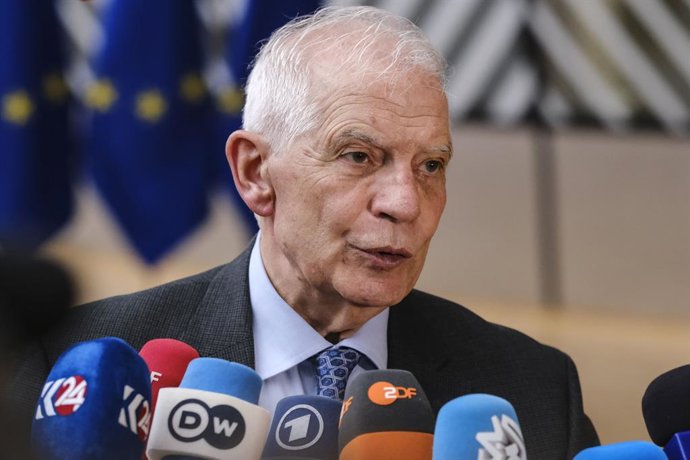 HANDOUT - 18 March 2024, Belgium, Brussels: Josep Borrell, High Representative of the European Union for Foreign Affairs and Security Policy, speaks to the media before the meeting of the EU Foreign Affairs Ministers in Brussels. Photo: Alexandros Micha