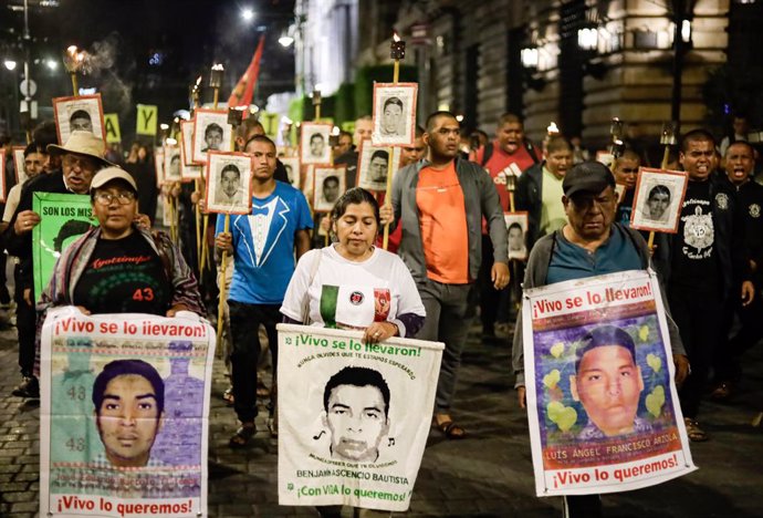 March 3, 2024, Mexico City, Cdmx, Mexico: March 3, 2024, Mexico City, Mexico: People take part during  the a March for the disappearance of 43 students of the Ayotzinapa teaching training school, on September 2014 in Iguala, in the  state of Guerrero, dem