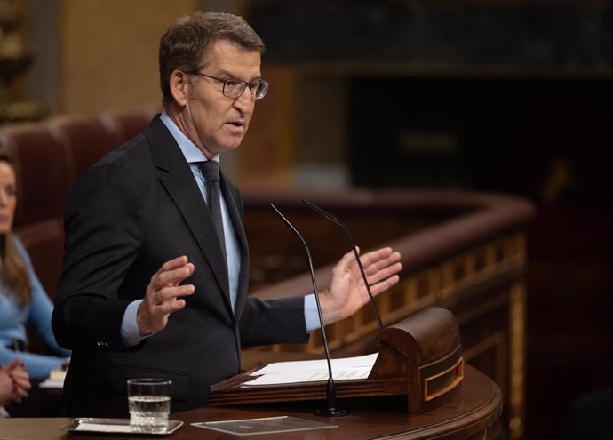 El líder del PP, Alberto Núñez Feijóo, interviene durante una sesión plenaria, en el Congreso de los Diputados, a 14 de marzo de 2024, en Madrid (España). El Pleno ha debatido el dictamen del Proyecto de Ley por el que se regulan las enseñanzas artístic