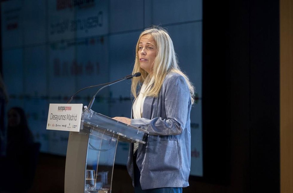 La consejera de Economía, Hacienda y Empleo de la Comunidad de Madrid, Rocío Albert, interviene durante un desayuno Madrid de Europa Press, en el Auditorio Meeting Place, a 18 de marzo de 2024, en Madrid (España).