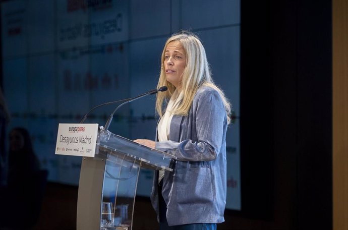 La consejera de Economía, Hacienda y Empleo de la Comunidad de Madrid, Rocío Albert, interviene durante un desayuno Madrid de Europa Press, en el Auditorio Meeting Place, a 18 de marzo de 2024, en Madrid (España).