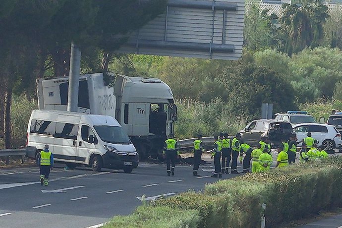 Imagen del camión siniestrado contra un control de la Guardia Civil en la AP4