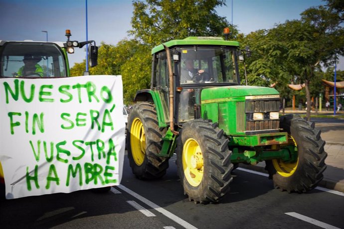 Archivo - Tractorada de protesta en la calle Virgen del Patrocinio, una de las entradas a Sevilla. Imagen de archivo.