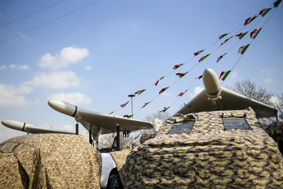 Archivo - February 11, 2023, Tehran, Tehran, Iran: Iranian domestically built drones, Shahed 136 is displayed during the annual rally commemorating Iran's 1979 Islamic Revolution.