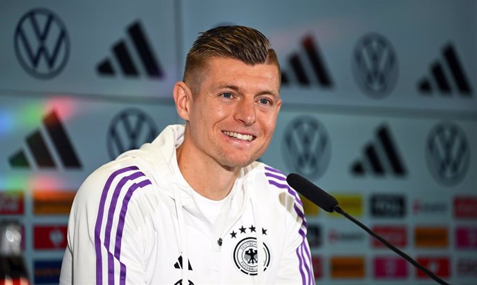 19 March 2024, Hesse, Frankfurt: Germany's Toni Kroos attends a press conference for the team at DFB Campus, ahead of the friendly soccer matches against France and Netherlands. Photo: Arne Dedert/dpa
