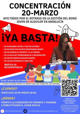 Cartel de la protesta este miércoles de la Plataforma de  andaluces afectados por la gestión del Bono Alquiler Joven