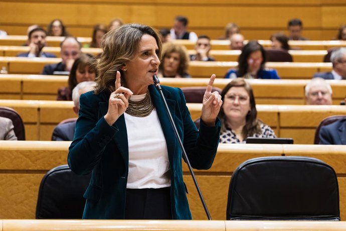 La vicepresidenta tercera y ministra para la Transición Ecológica y el Reto Demográfico, Teresa Ribera, interviene durante una sesión plenaria en el Senado, a 20 de febrero de 2024, en Madrid (España). Durante el pleno se han abordado cuestiones como la