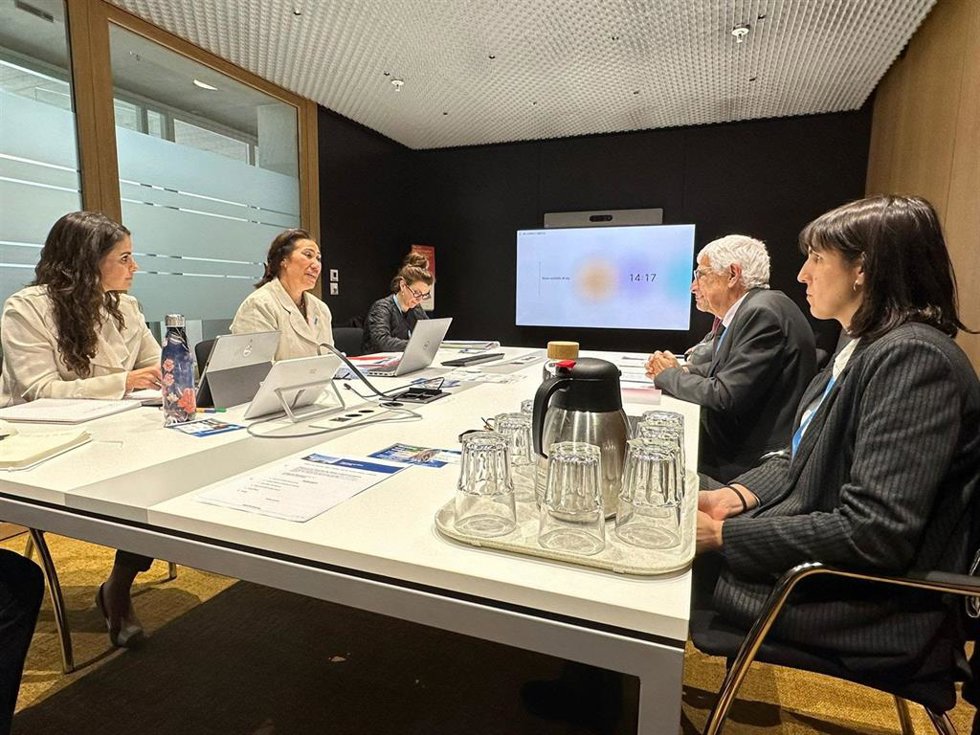 Reunión del conseller de Salud, Manel Balcells, con la directora mundial de enfermería de la OMS, Amelia Latu Afuhaamango Tuipulotu, este martes en Ginebra (Suiza).