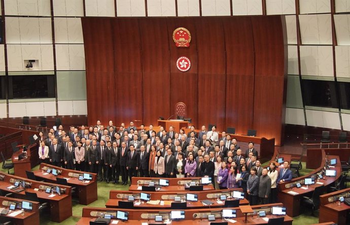 HONG KONG, March 19, 2024  -- The Legislative Council (LegCo) of the Hong Kong Special Administrative Region (HKSAR) passes the safeguarding national security bill in a unanimous vote during the third reading in Hong Kong, south China, March 19, 2024. The