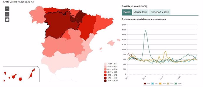 Mapa elaborado por el INE con el dato de la mortalidad en CyL hasta la semana 9 del año 2024