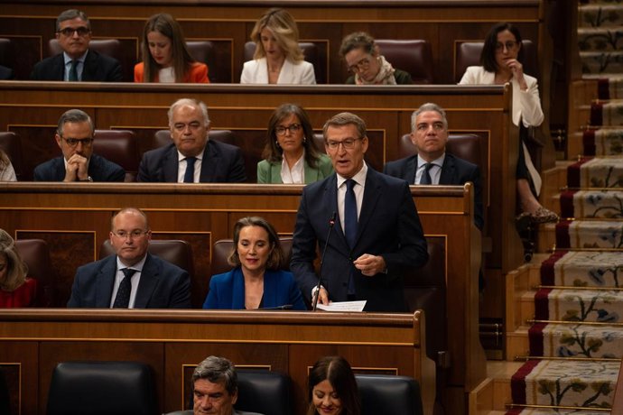El presidente del PP, Alberto Núñez Feijóo, interviene durante una sesión de control al Gobierno, en el Congreso de los Diputados, a 20 de marzo de 2024, en Madrid (España). Durante el pleno, el Gobierno ha hablado sobre los contratos de emergencia suscri