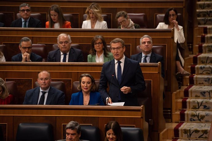 El presidente del PP, Alberto Núñez Feijóo, interviene durante una sesión de control al Gobierno, en el Congreso de los Diputados, a 20 de marzo de 2024, en Madrid (España). Durante el pleno, el Gobierno ha hablado sobre los contratos de emergencia susc