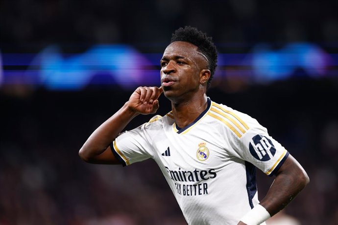Vinicius Junior of Real Madrid celebrates a goal during the UEFA CHampions League, Round of 16, football match played between Real Madrid and RB Leipzig at Santiago Bernabeu stadium on March 06, 2024, in Madrid, Spain.