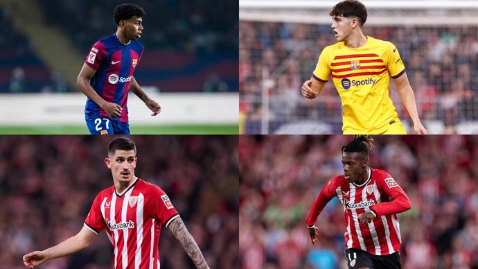 Los jugadores del FC Barcelona Lamine Yamal y Pau Cubarsí, y los del Athletic Club Oihan Sancet y Nico Williams.