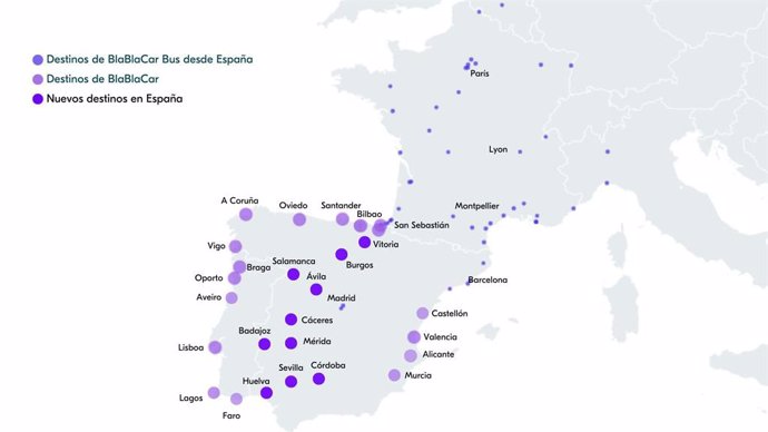 Mapa de rutas de autobús BlaBlaCar en España