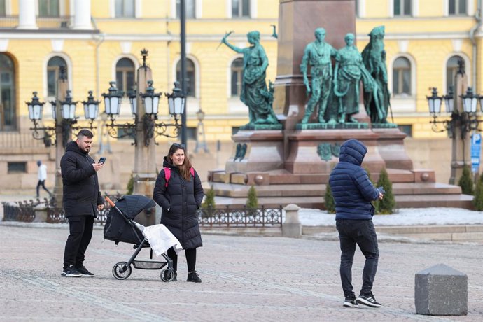 March 10, 2024, Helsinki, Uusimaa, Finland: People walk in the square in front of Helsinki Cathedral,