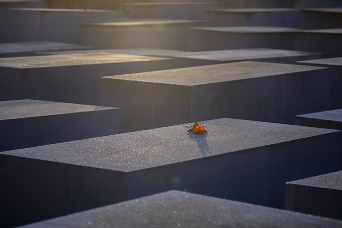 Archivo - 27 January 2024, Berlin: A rose lies on a stele at the Memorial to the Murdered Jews of Europe to mark the International Day of Commemoration in Memory of the Victims of the Holocaust. 