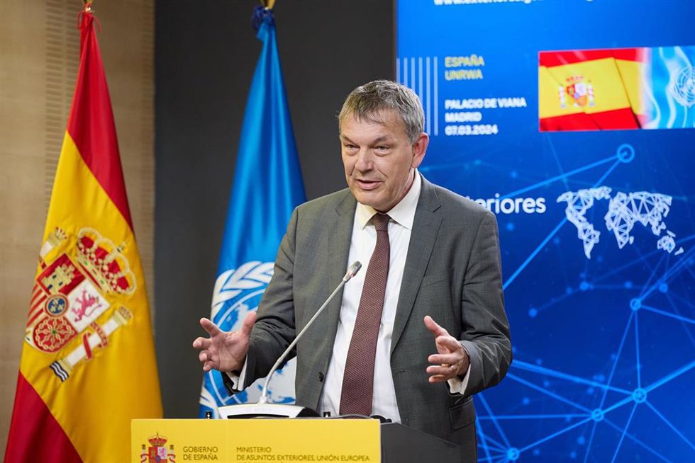 El comisionado general de la Agencia de Naciones Unidas para los Refugiados de Palestina en Oriente Próximo (UNRWA), Philippe Lazzarini, comparece en rueda de prensa en Madrid