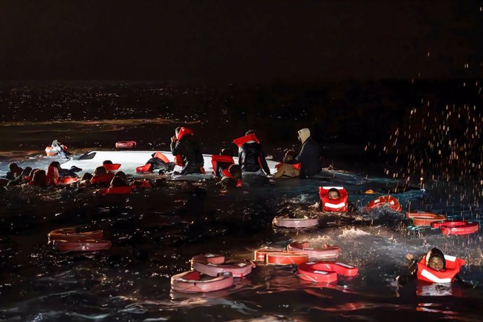 March 16, 2024, Libyan Sar Zone, Libya: Migrants in the water after the boat they were traveling on capsized. During the night of March 16, 2024, the MSF crew intercepted a small fiberglass boat full of migrants navigating towards Europe in the Libyan SAR