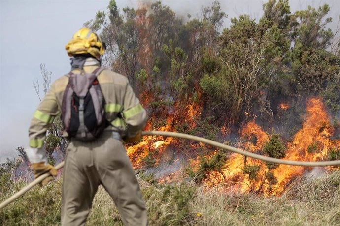 Archivo - Un efectivo de la Xunta con base en Becerreá trabajan para extinguir las llamas en un incendio forestal, a 29 de marzo de 2023, en Baleira, Lugo, Galicia (España). 