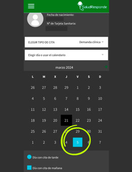 Captura de pantalla de una cita médica para el 5 de abril.