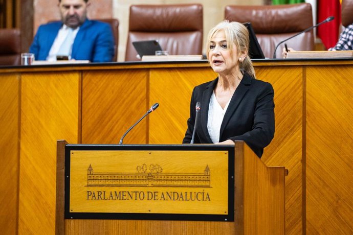 La consejera de Desarrollo Educativo y Formación Profesional, Patricia del Pozo, comparece en el Pleno del Parlamento andaluz.