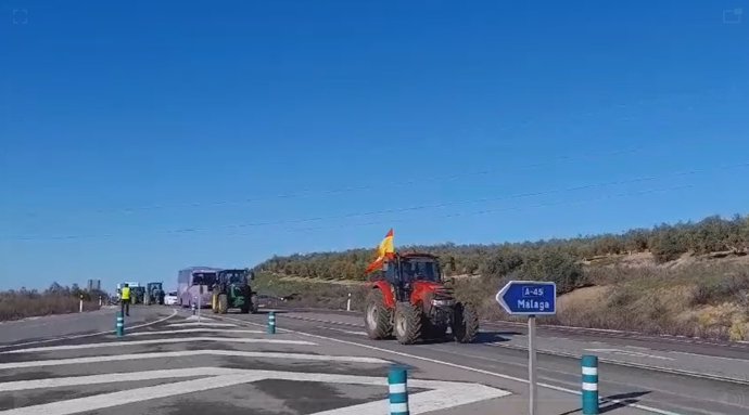 Una caravana de tractores se dirige al punto de encuentro en Lucena (Córdoba).