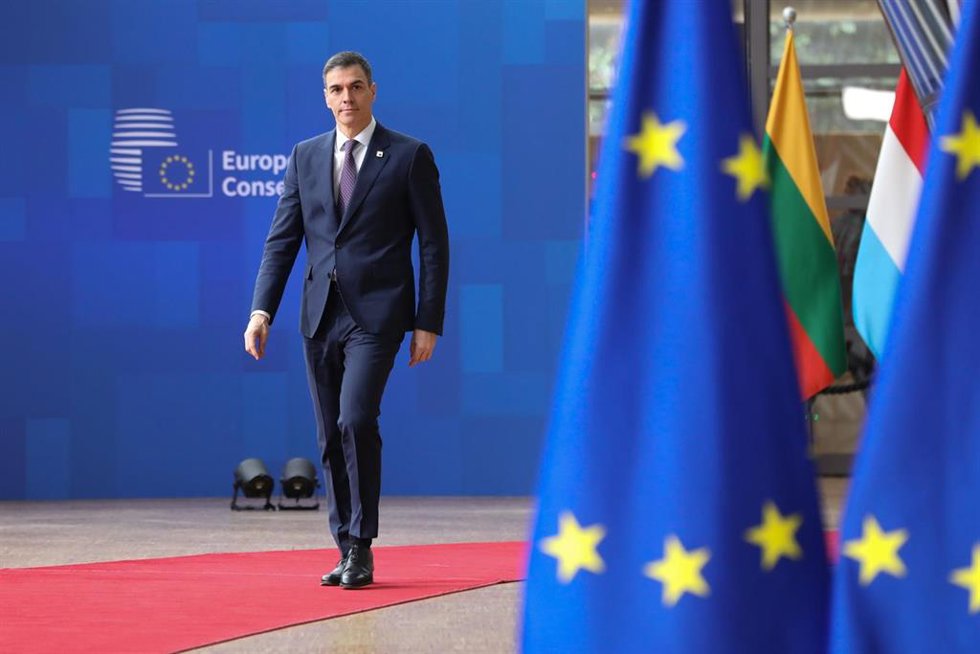 HANDOUT - 21 March 2024, Belgium, Brussels: Prime Minister of Spain Pedro Sanchez arrives to attend the European Council meeting. Photo: Gaetan Claessens/European Council /dpa - ATTENTION: editorial use only and only if the credit mentioned above is ref