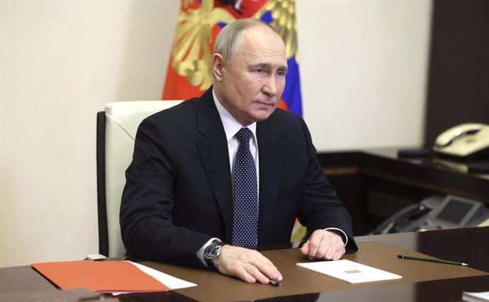 March 15, 2024, Novo-Ogaryovo, Moscow Oblast, Russia: Russian President Vladimir Putin chairs a teleconference meeting with members of the national security council from the official presidential residence, March 15, 2024 in Novo-Ogaryovo, Russia.