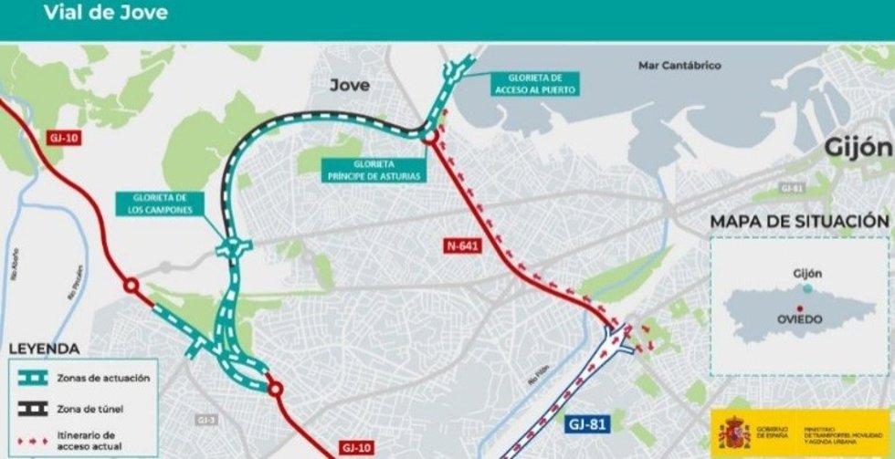 Archivo - Mapa del vial de Jove proyectado por el Ministerio de Transportes, Movilidad y Agenda Urbana en Gijón tal como estaba planteado en túnel.