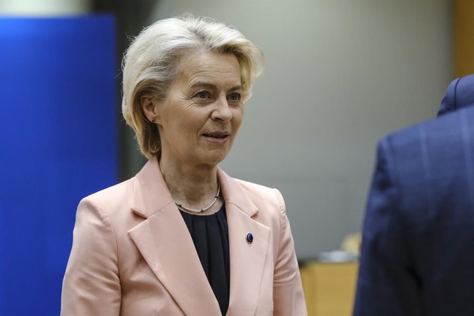 HANDOUT - 21 March 2024, Belgium, Brussels: European Commission President Ursula von der Leyen arrives to attend a round table meeting at the EUsummit in Brussels. Photo: Alexandros Michailidis/European Council/dpa - ATTENTION: editorial use only and o