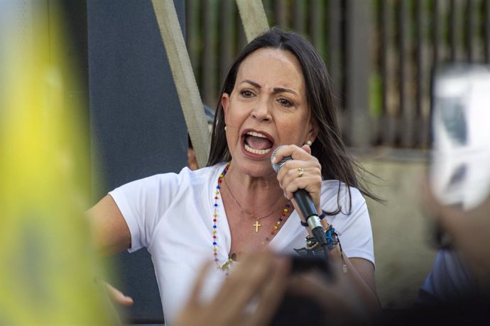 Archivo - January 23, 2024: Caracas, Venezuela: Candidate MARIA CORINA MACHADO, leader of the Venezuelan opposition, at Plaza Belgica in Altamira, in Caracas.